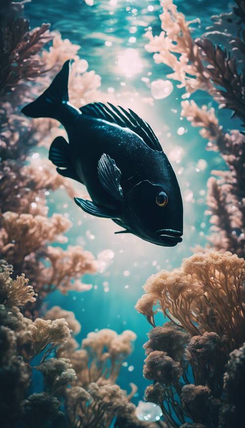 一条孤独的黑鱼正在探索海洋深处，周围环绕着闪闪发光的生物发光植物。
