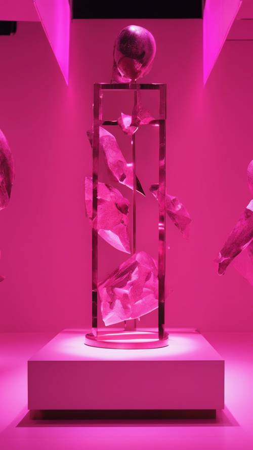 A modern minimalist art gallery showcasing a collection of geometric sculptures under hot pink spotlighting.