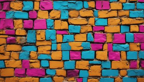 A closeup of a brick wall in a bold pop-art color palette.