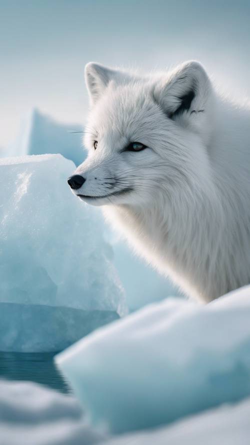 Lis polarny w śnieżnym krajobrazie z geometrycznymi górami lodowymi w delikatnych niebieskich odcieniach.