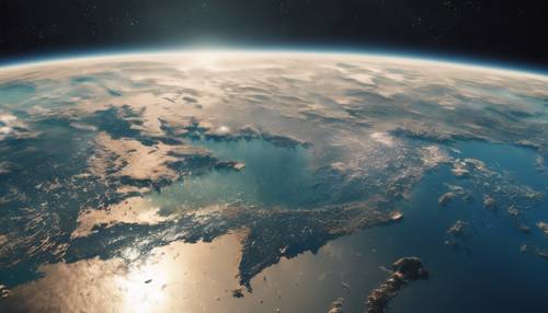 Mavi okyanusların güneş ışığı altında parıldadığı uzaydaki Dünya&#39;nın güzel ve canlı bir görüntüsü.