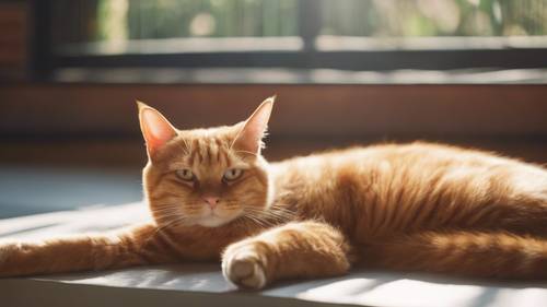 Seekor kucing kucing merah dan oranye sedang bersantai dengan malas di bawah sinar matahari.