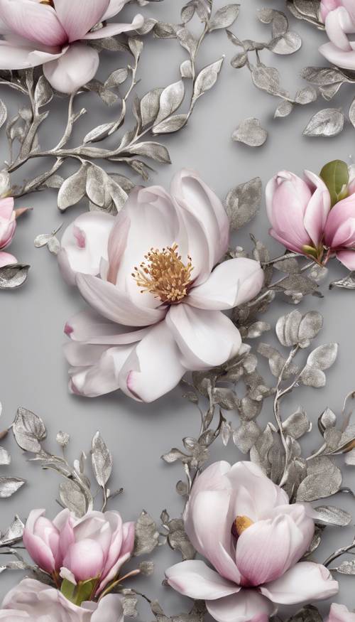 Ein florales Damastdesign mit blühenden Magnolien, die sanft über einen silbernen Hintergrund schweben.