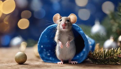 Un pequeño ratón asomándose desde un agujero con un gorro navideño azul.