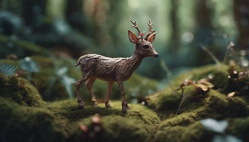 Ein wunderliches Bild eines winzigen Feenwesens, das auf einem kleinen Hirsch durch einen Märchenwald reitet.