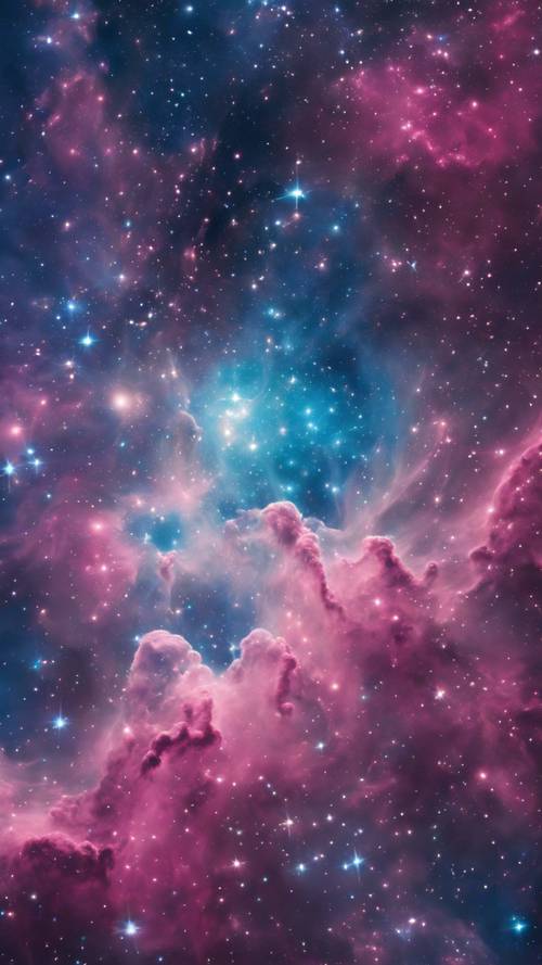 Uma nebulosa vibrante com tons de azul e rosa, salpicada de estrelas brilhantes.