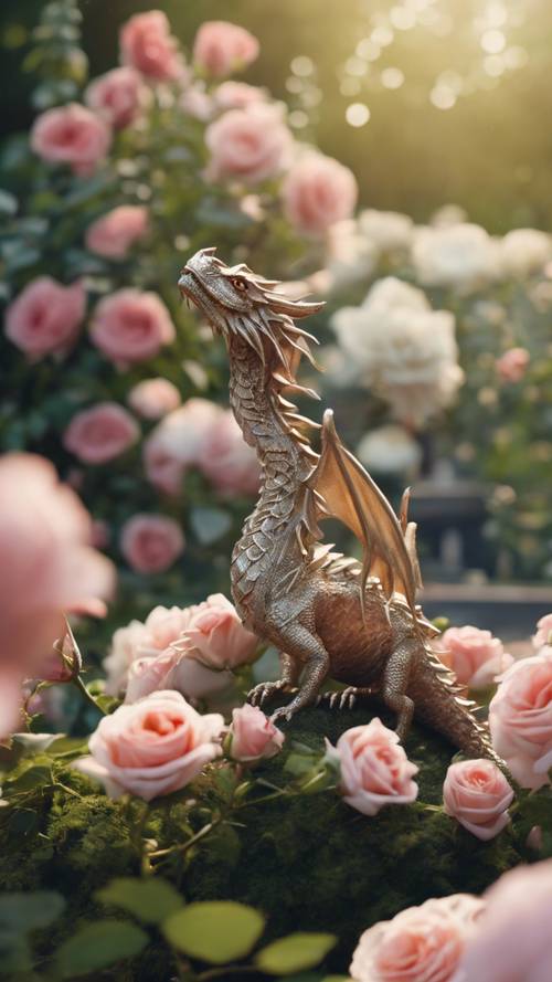 סצנת גן שלווה עם דרקון זעיר ועדין מרחף מעל ורדים פורחים.