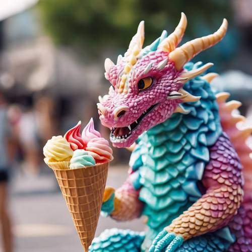 一條夏日龍，它明亮的鱗片模仿著軟冰淇淋的遊行。