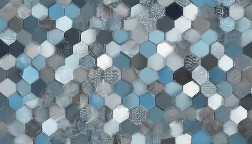 Un patrón de mosaico de varios tonos de azul bebé y gris.