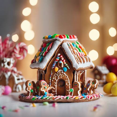 A charming scene of gingerbread men decorating a miniature cookie house with colorful candies.