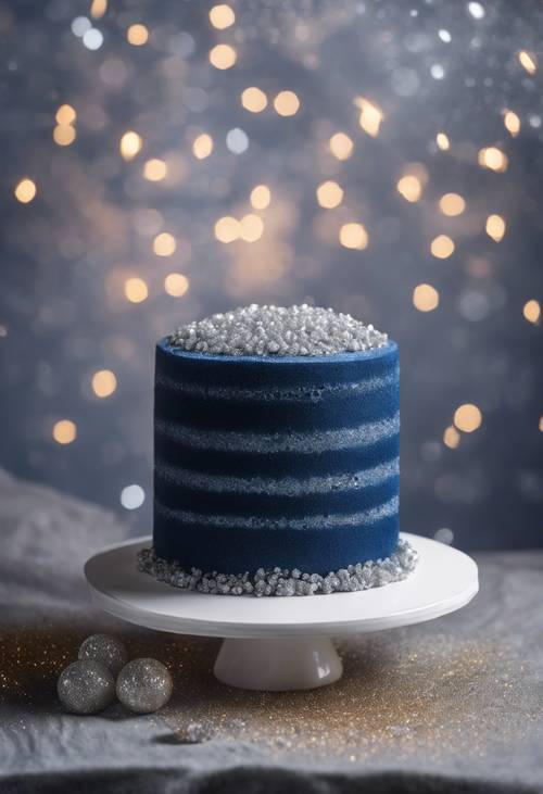 كعكة مخملية باللون الأزرق الداكن ومغطاة ببريق فضي صالح للأكل.