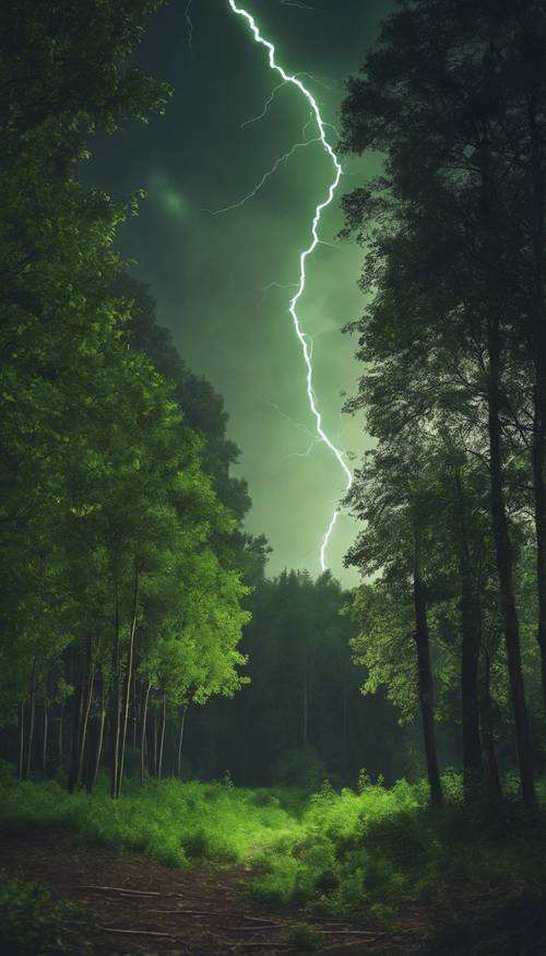 A landscape view of a forest hit by a streak of green lightning.
