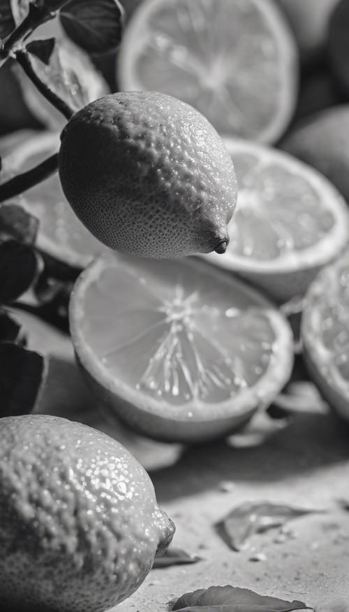 A monochrome photograph focusing on the texture and shape of a lemon.