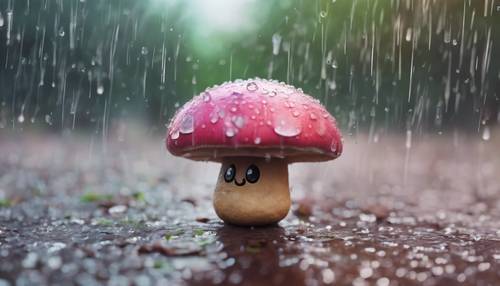 빗 속에서 춤추는 행복한 카와이 버섯의 밝은 색상의 디지털 아트입니다.