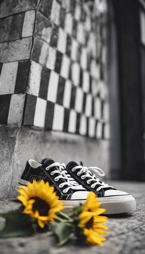 Stylish black and white checkered sneakers, standing on a concrete sidewalk with a sunflower lying next to them. Tapet [92e21f7b7d2345e48ad4]