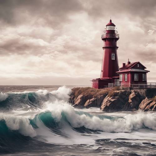 A scenic painting coloring the loneliness of a maroon lighthouse and ocean waves crashing against it.