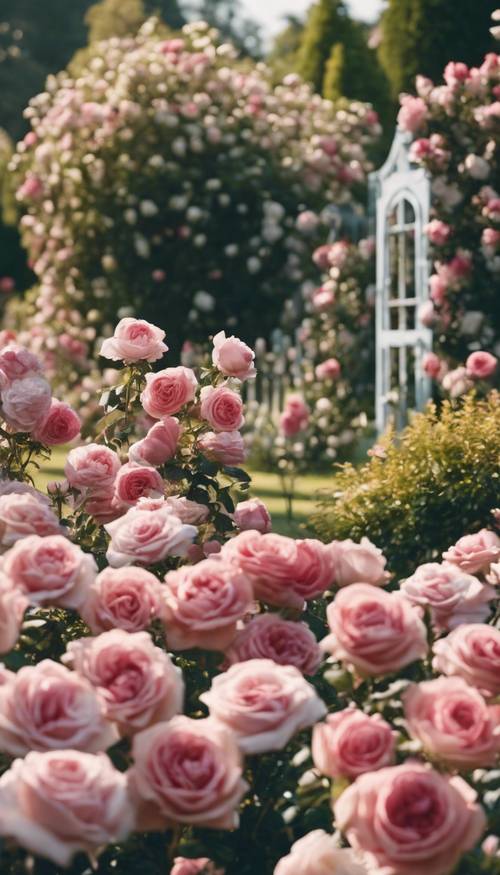 A panoramic view of the Queen's croquet ground filled with rose-bushes.