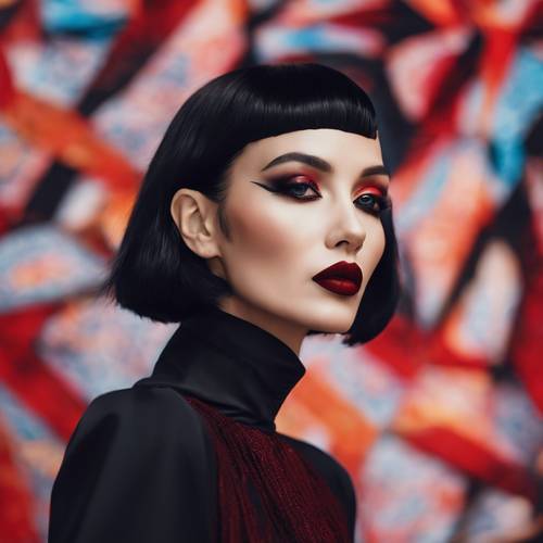 Eine Frau im Avantgarde-Stil mit rabenschwarzem Bob und tiefroten Lippen posiert dramatisch vor einem abstrakten, farbenfrohen Hintergrund.