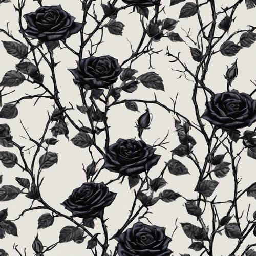 Um papel de parede floral gótico com rosas pretas rodeadas por vinhas espinhosas.