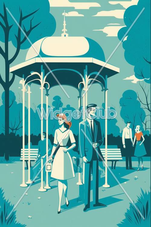 Stylish Retro Park Scene with Elegant Couples