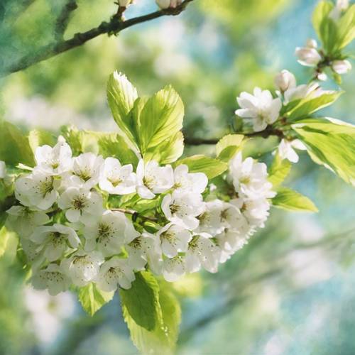 Dipinti ad acquerello di alberi di ciliegio verde primavera in piena fioritura.