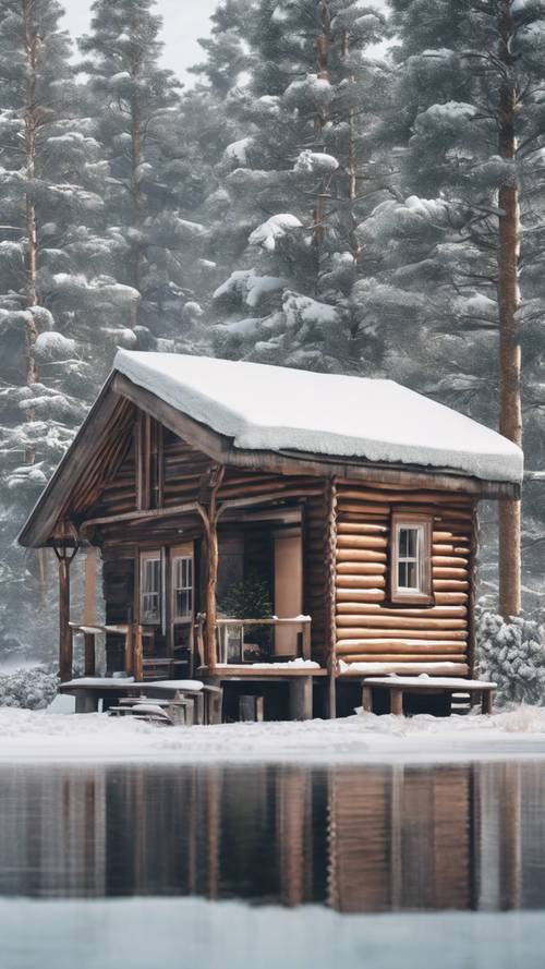 Una scena invernale innevata di una capanna solitaria circondata da pini bianchi.