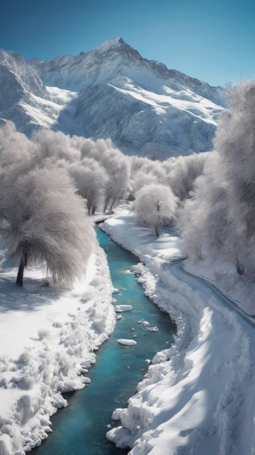 A majestic river carving a pathway through a snowy mountain landscape under a clear blue sky.
