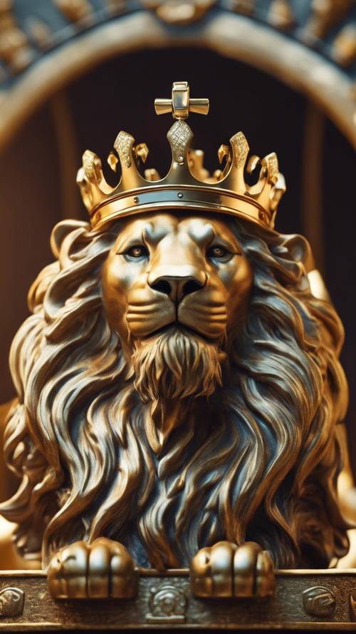 Couronne dorée d&#39;un roi avec l&#39;emblème du lion rugissant posé sur son trône.