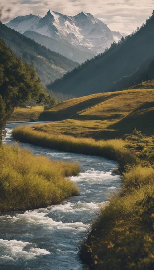 Живописный горный пейзаж с извилистой рекой; Эстетический волновой рисунок реки добавляет красоты.