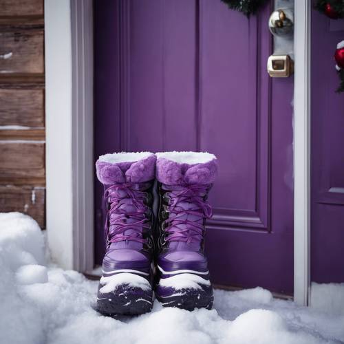 Un par de botas de nieve y una bufanda morada a juego cuidadosamente colocadas junto a la puerta después de una pelea de bolas de nieve navideña.