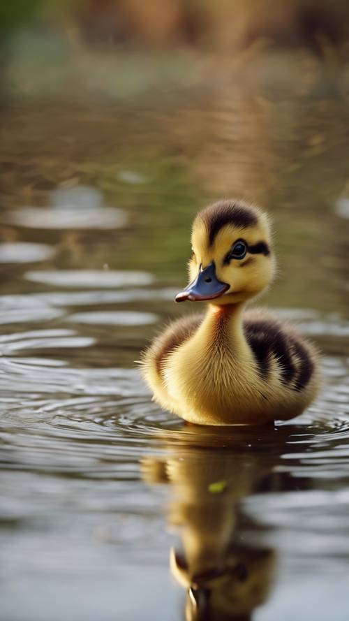 A curious duckling peering at its own reflection in the shimmering waters of a quiet pond.