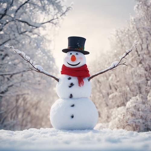 Un allegro pupazzo di neve con il naso a carota, un cappello a cilindro e una sciarpa rossa brillante, circondato da un bianco paesaggio invernale.