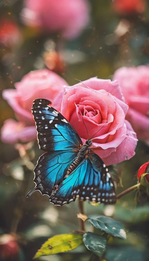 特写：一只蝴蝶栖息在一朵色彩鲜艳的玫瑰上。