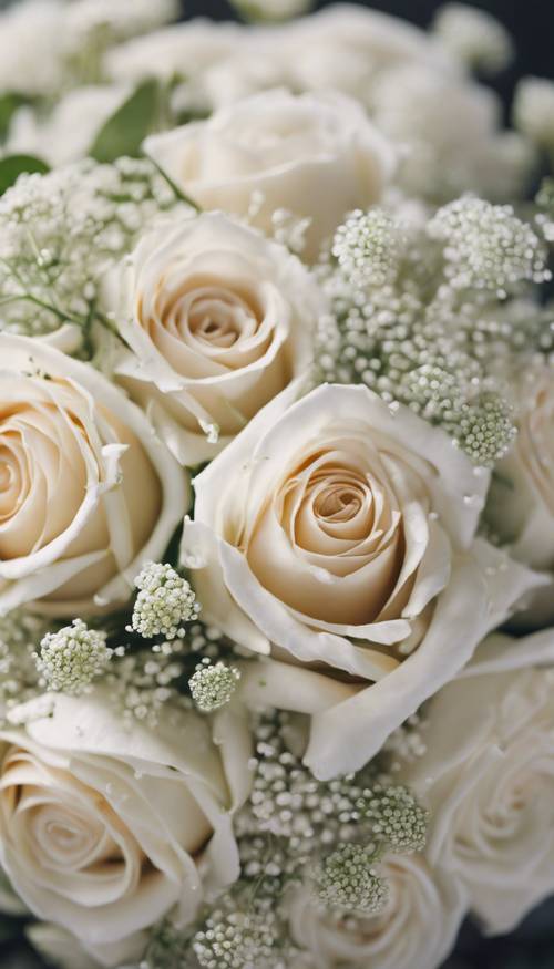 Свадебный букет из элегантных кремовых роз и гипсофилы, который нежно держит невеста.