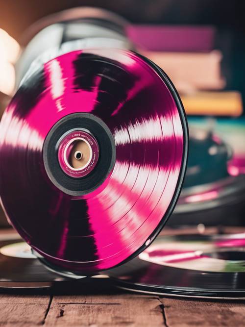 Disques vinyles vintage avec étiquettes rose foncé
