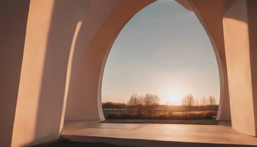 A soft spring sunset viewed through a minimalist architectural structure, casting long, dramatic shadows.