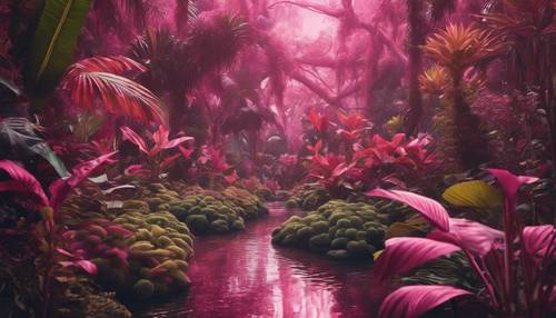 A diversificada flora e fauna de uma selva rosa vibrante, ilustrada em detalhes luxuosos.