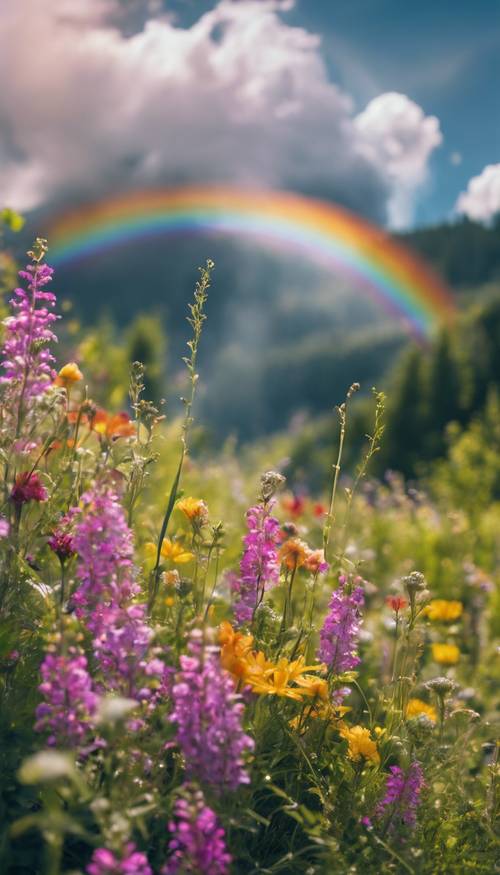 A spring valley blooming with vibrant wildflowers with a rainbow arcing overhead.