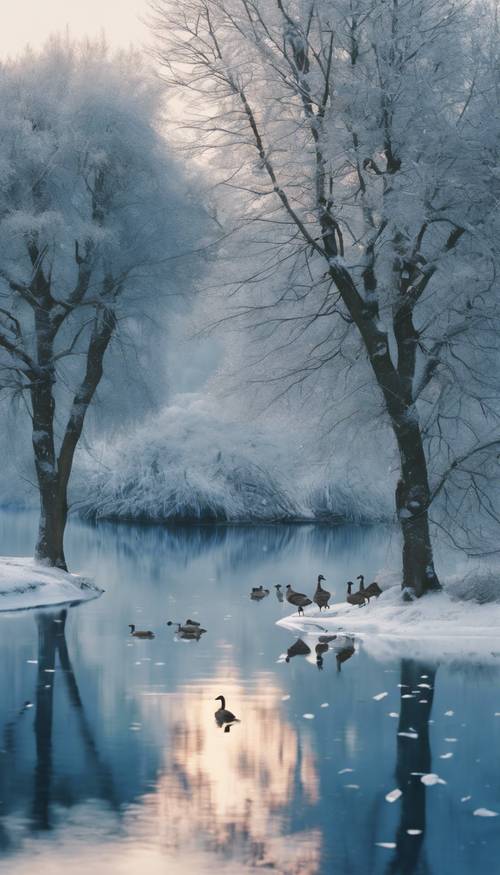 Una scena natalizia invernale in uno stagno blu con oche