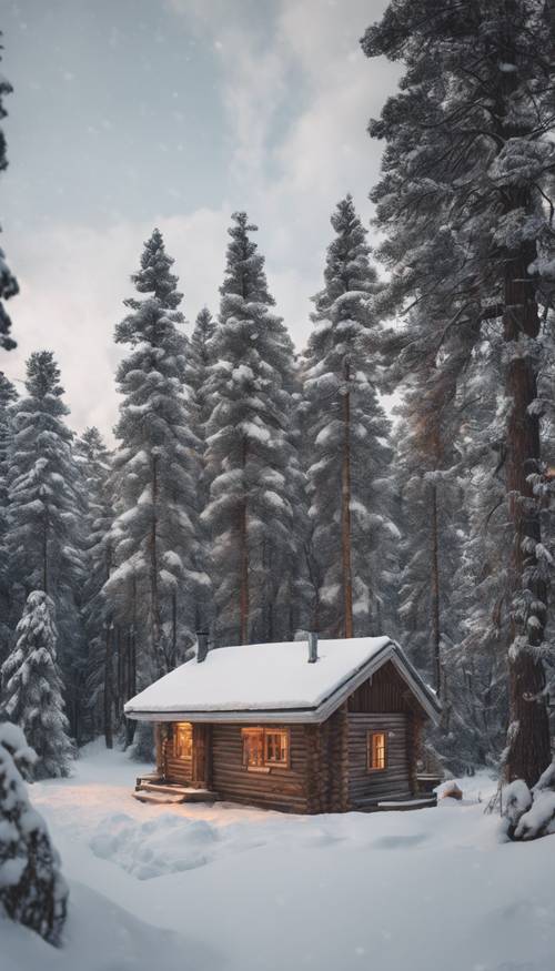 Eine kompakte, gemütliche schwedische Hütte, eingebettet im Herzen eines dichten, schneebedeckten Kiefernwaldes.
