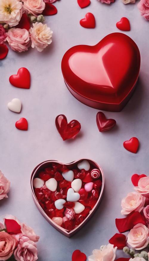 A classic red heart-shaped Valentine’s Day candy box against a floral background.