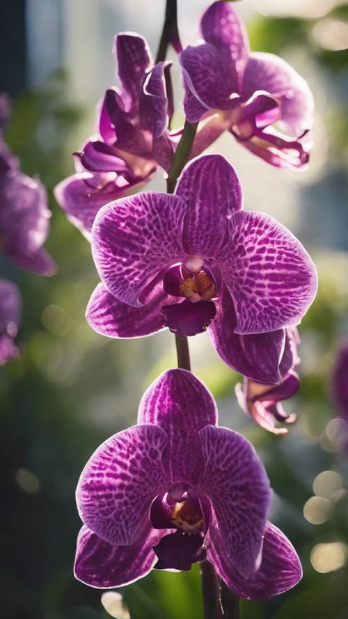 Eine Gruppe dunkelvioletter Orchideen in voller Blüte, die im sanften Morgensonnenlicht glänzen.