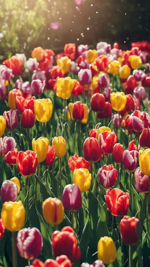Una serie di tulipani colorati completamente fioriti in un soleggiato giardino primaverile.