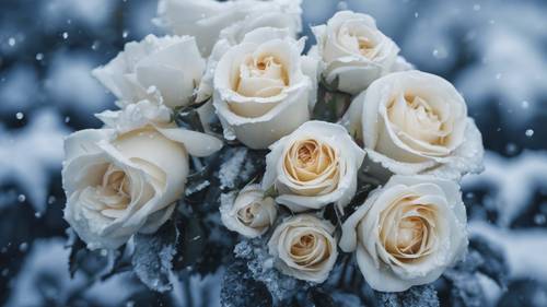 A striking array of white roses touched by the frost of a deep blue winter.