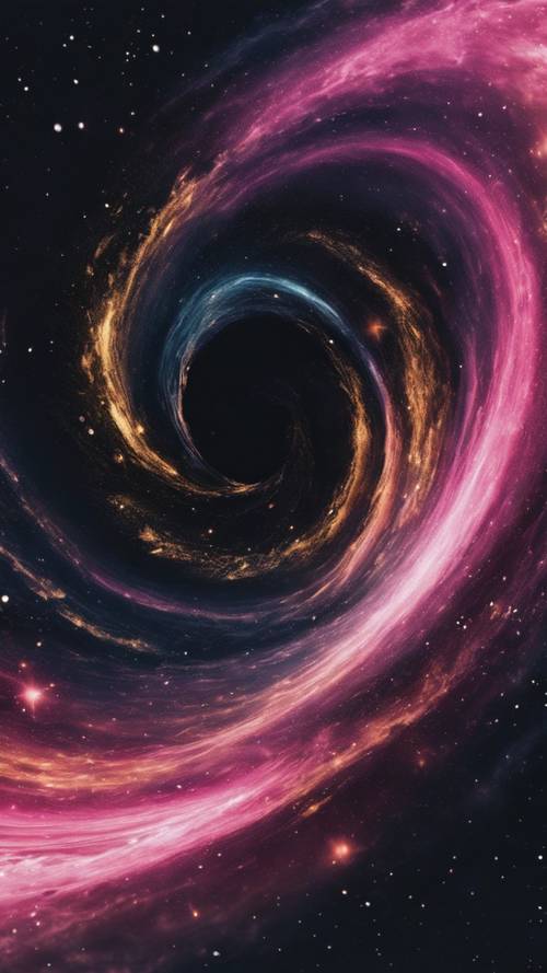 Galaksi yang berputar-putar dengan warna merah jambu dan emas di antara ruang hampa yang gelap.