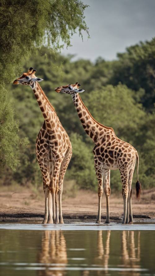 A trio of giraffes standing at the riverside, attentively watching crocodiles lurking in the water.