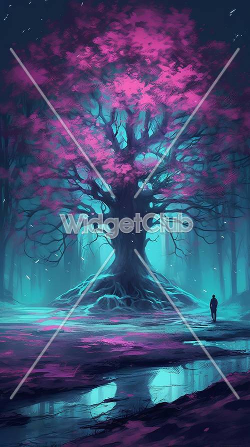Magischer Baum im neblig-blauen Wald