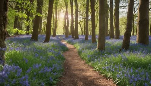 A garden path lined with a profusion of Bluebells کاغذ دیواری [2c0996327886456c87e3]
