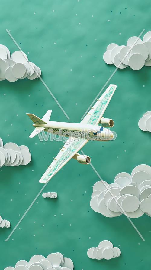 Arte per bambini con aereo in volo e cielo nuvoloso