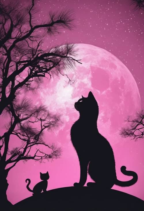 A pink skeleton hugging a scared black cat on a full moon night.